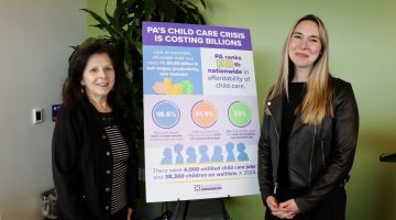 Nancy Chavez and Ashley Walkowiak show up in support of the Cumberland County PA Commission for Women Child Care Town Hall on June 3, 2025.