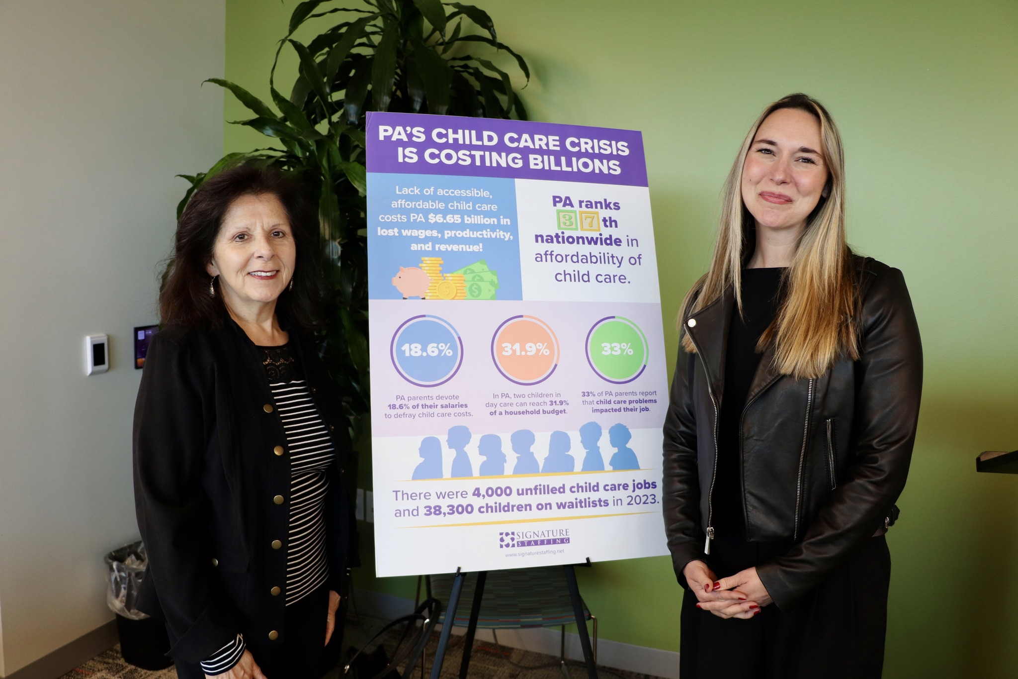 Nancy Chavez and Ashley Walkowiak show up in support of the Cumberland County PA Commission for Women Child Care Town Hall on June 3, 2025.